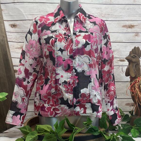 Lightweight Semi-Sheer Floral Zip Jacket Petite Med PM Pink Black White - Picture 1 of 8